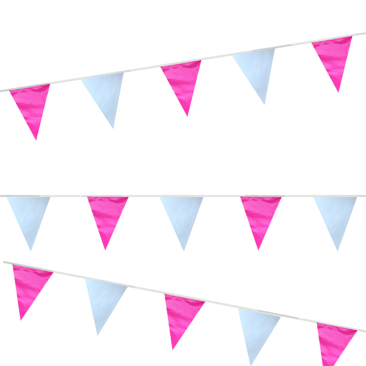 Tira de banderines triangulares intercalados en colores plata y rosa mexicano con guía de rafia blanca, ideal para decoración de eventos, fiestas temáticas, tiendas, exposiciones, lavado de coches, y lotes en venta, largo total de 50m con 84 banderines. Tira de banderines triangulares intercalados en colores plata y rosa mexicano con guía de rafia blanca, ideal para decoración de eventos, fiestas temáticas, tiendas, exposiciones, lavado de coches, y lotes en venta, largo total de 50m con 84 banderines.